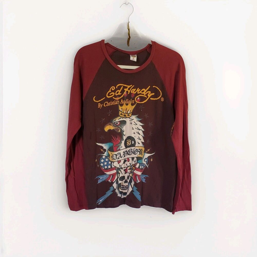 Vintage Ed Hardy Mens Medium Christian Audigier Shirt Y2K Danger Eagle Scull
